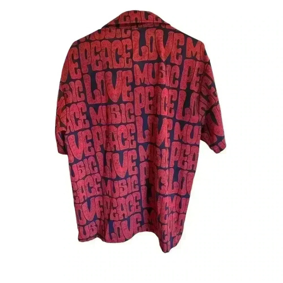 LVRN Love, Peace, Music Black and Red Button Up Shirt in Large, Rare, Pre-Owned - Picture 4 of 4